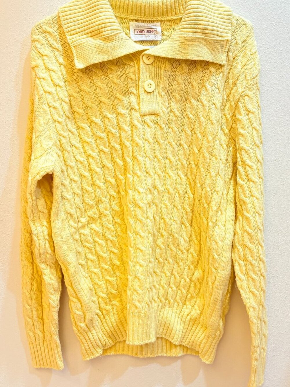Vintage Lord Jeff Yellow Cable Knit Polo Sweater Large Made in USA